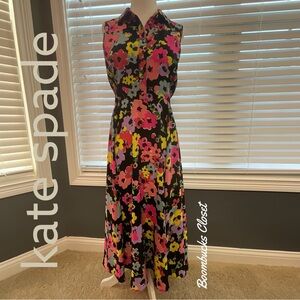 Kate Spade Black Wild Bouquet multicolor Floral Midi Dress Medium 6 pink yellow